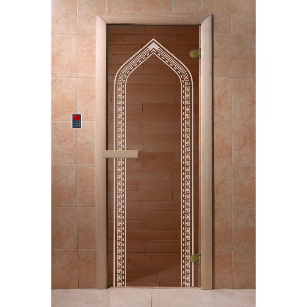 Дверь стеклянная DoorWood 700*1900 "Арка Бронза" стекло бронза прозрачная 6 мм, коробка хвоя, деревянная ручка